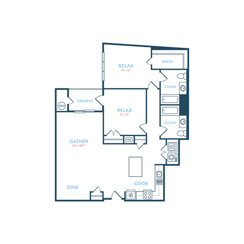 Floor plan for 2 beds, 2 baths, 1329 sqft